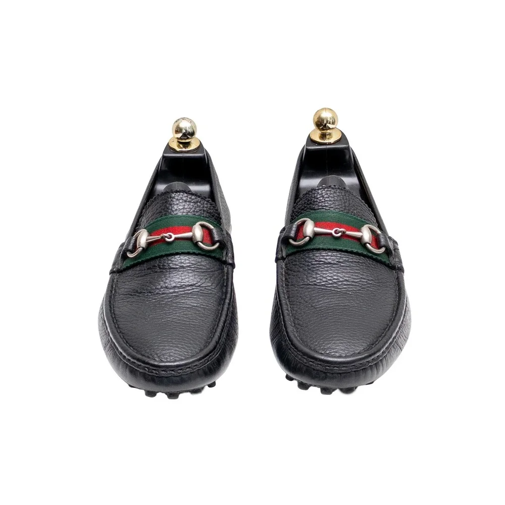 Gucci Mens Black Pebble Leather Horsebit Web Driving Loafers UK 8G US 9G w/ Box